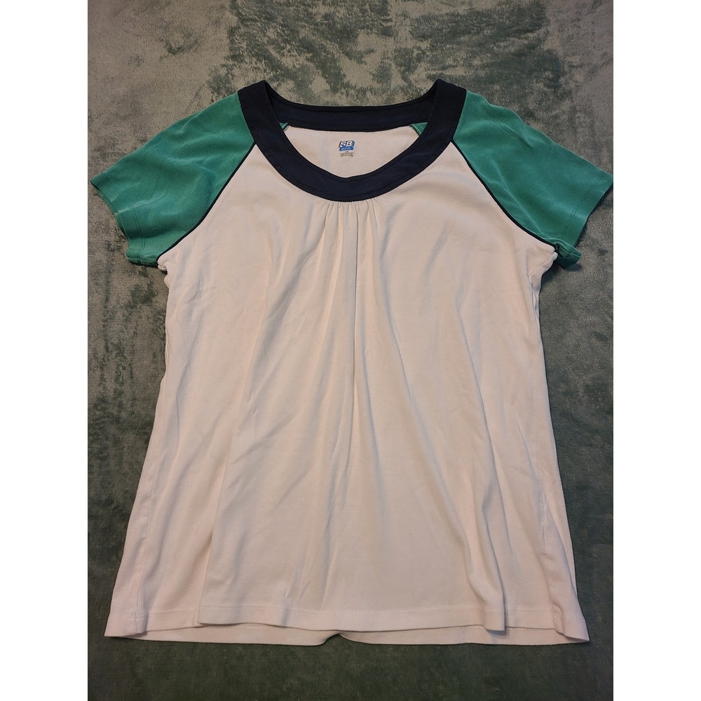 SB Active Women White Green Raglan Short Sleeve Scoop Neck Pleated Top Size L
